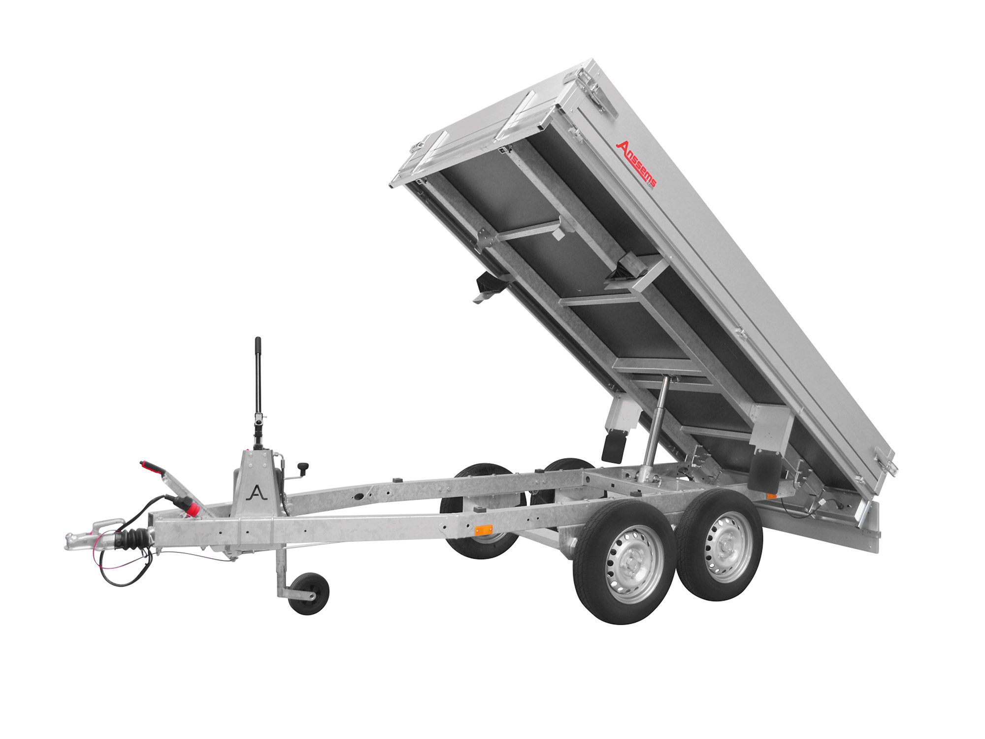 Hier sehen Sie ein Bild von unserem Anh&auml;nger R&uuml;ckwärts-Kipper der Marke Anssems im gekippten Zustand