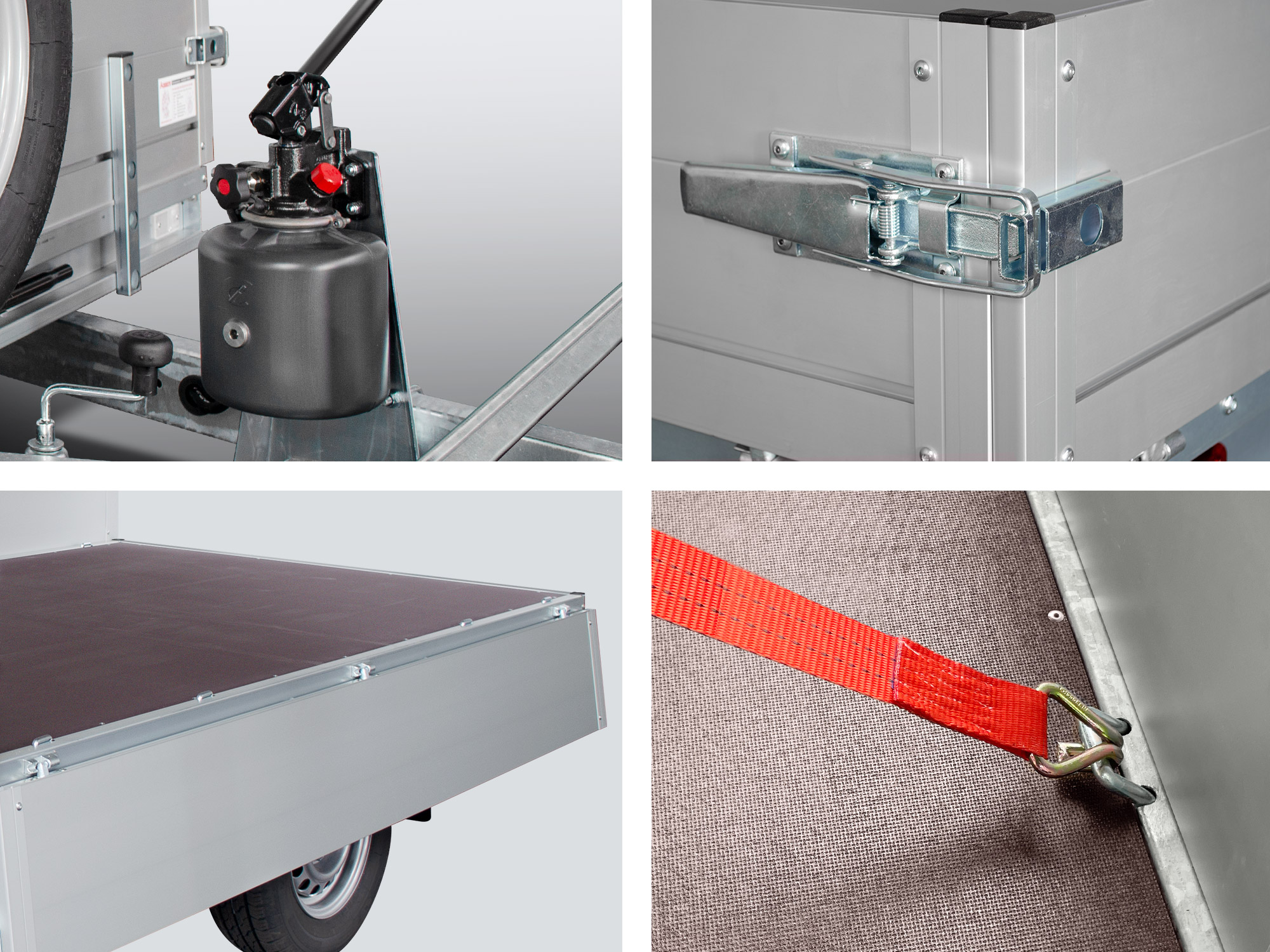 Hier sehen Sie eine Collage von unserem Anh&auml;nger R&uuml;ckwärts-Kipper der Marke Anssems mit der Hydraulikpumpe, Ladebordwandverschl&uuml;ssen, komplett ge&ouml;ffneten Ladebordw&auml;nden und einem Bindehaken